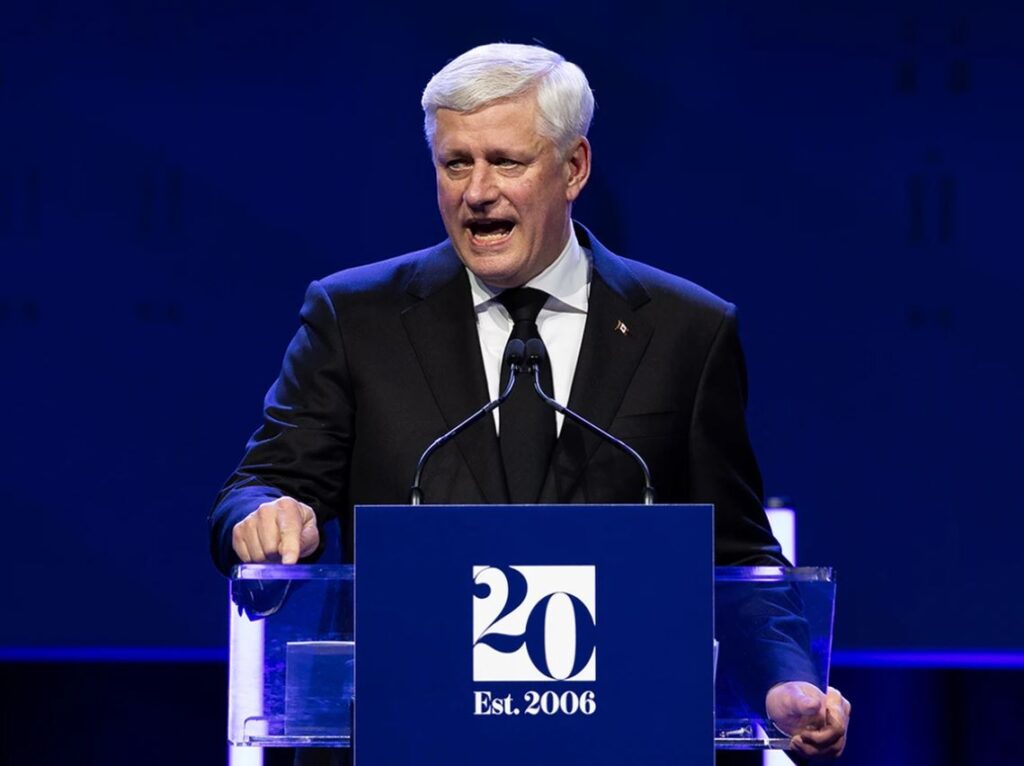 Former Prime Minister Stephen Harper at the 20th anniversary of his government